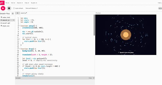 Particles rotate around a center reacting to microphone sound.